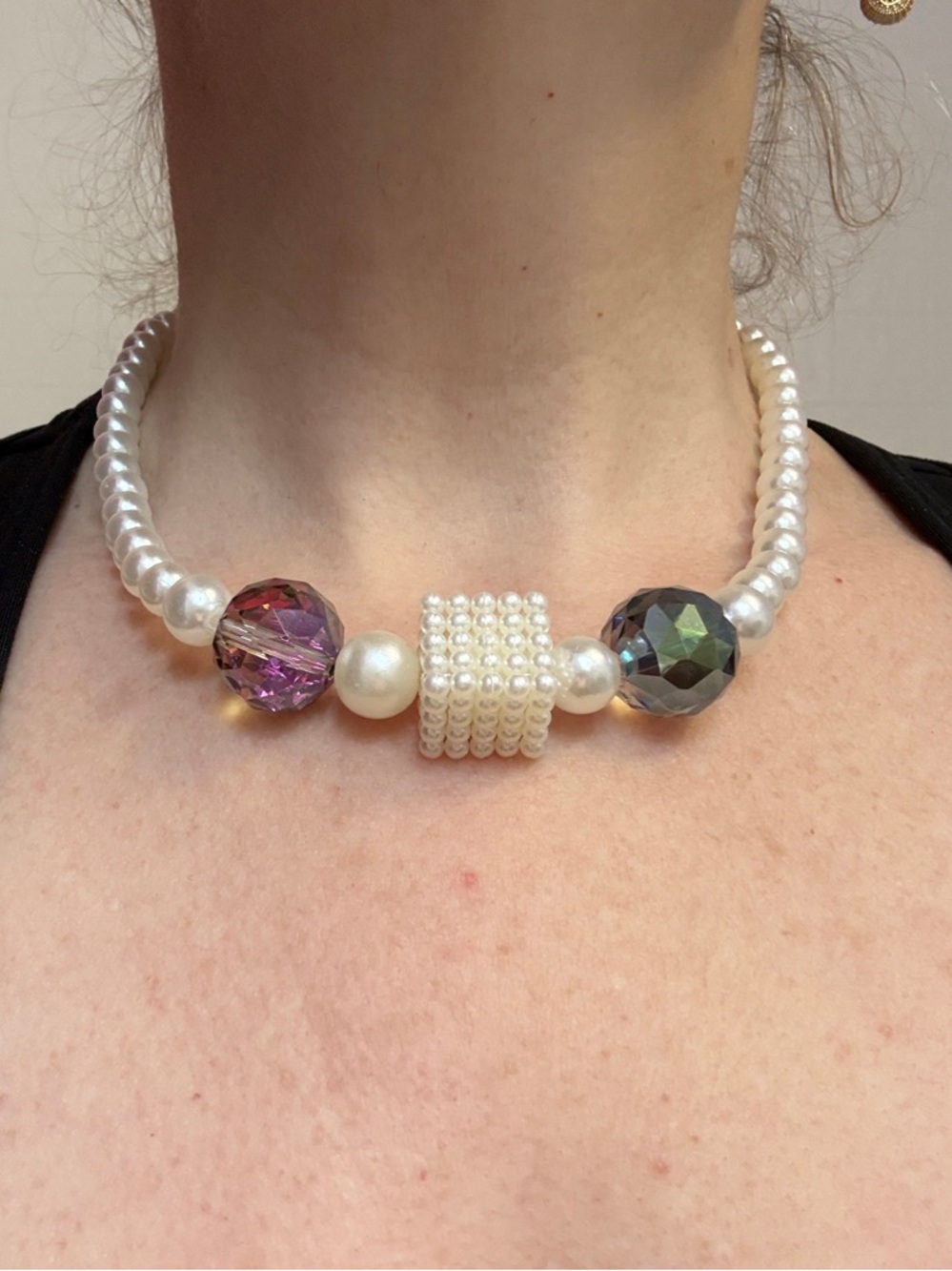 Hand-Crafted Pearl Beaded Statement Necklace with Iridescent Accent Beads